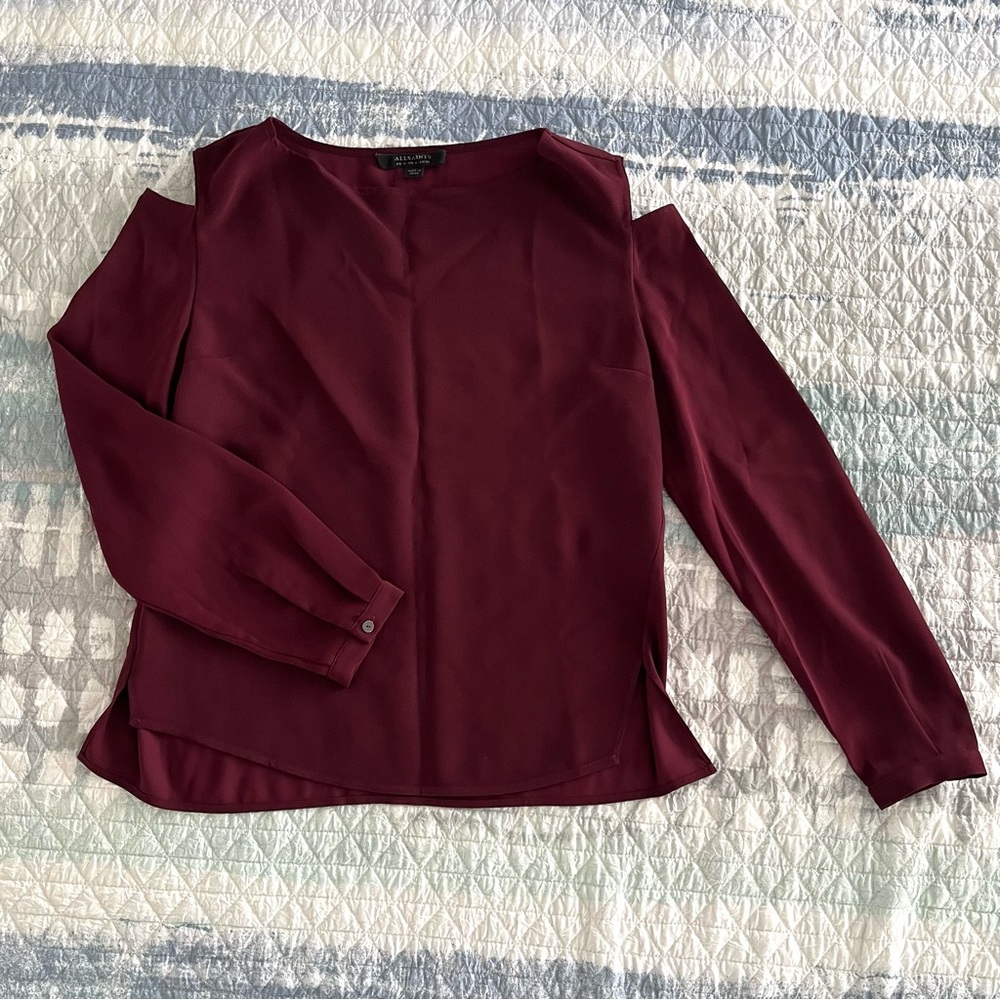 ALL SAINTS Burgundy Cold Shoulder Top